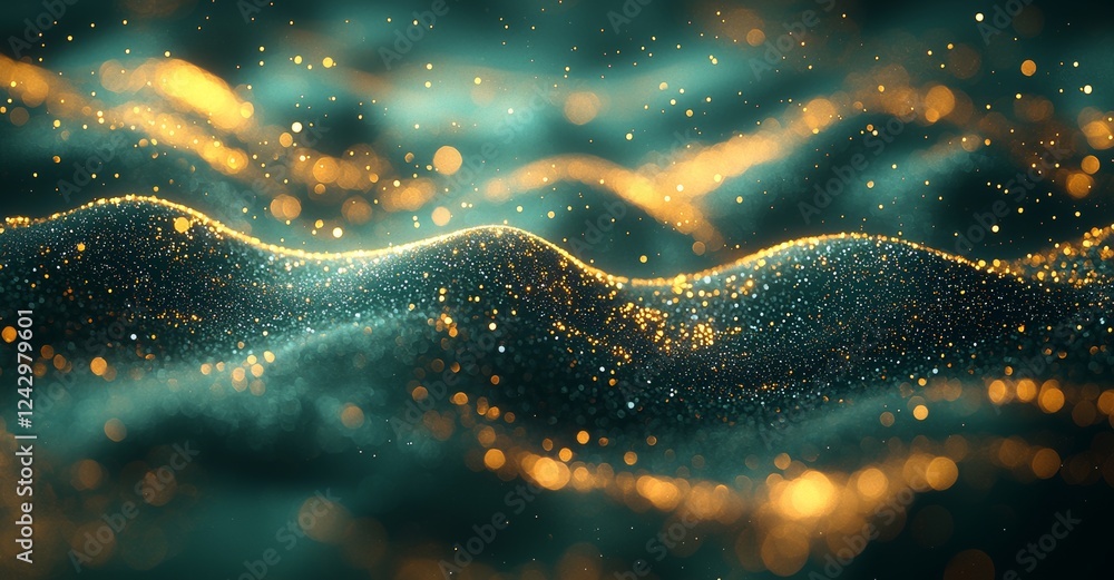 Poster green energy particles and waves are abstract and magical, glowing brightly in a futuristic hi-tech 