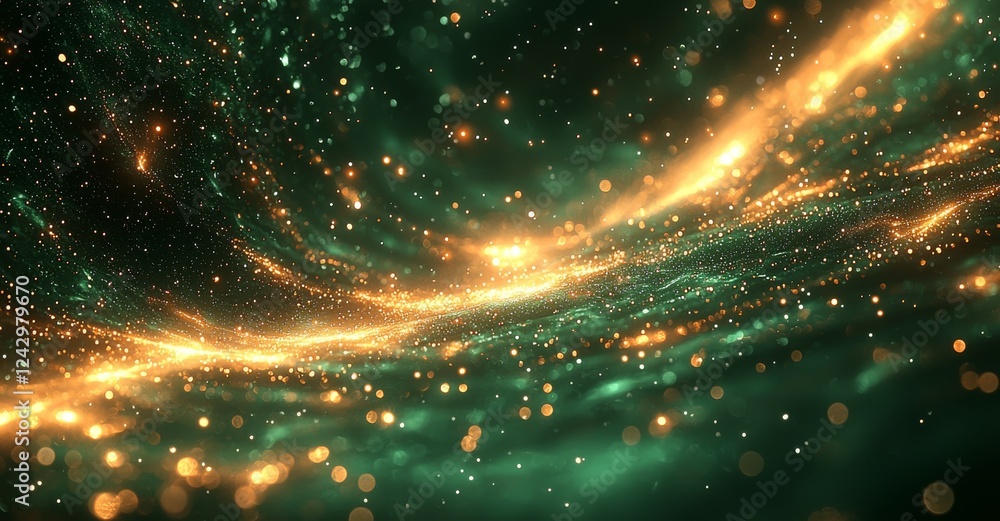Poster abstract green energy particles and waves, magical and bright, glowing in a futuristic hi-tech setti