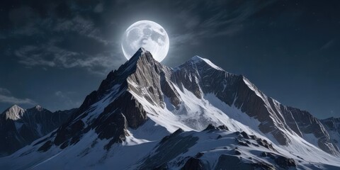 Snow capped mountain peak shines under moonlight in night sky , mountain summit, moonlit mountain, crystal clear snow