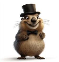 Fototapeta premium A smiling cartoon groundhog wearing a top hat, in a clip art style, on a white background.