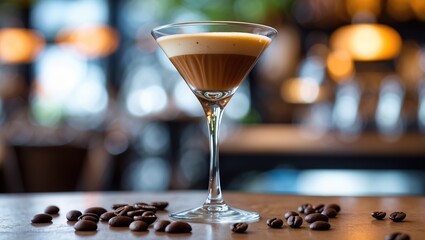 Elegant espresso martini with creamy froth and coffee beans in a vibrant cafe