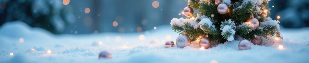 snow covered ground with small white balls surrounding a single Christmas tree, winter scene, white ornaments, christmas decorations