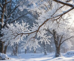 Snow-covered tree branch stretching towards the sky with delicate snowflakes clinging to it, frosty atmosphere, snow covered branch
