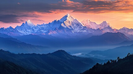 Majestic snow-capped mountains illuminated by a soft sunset glow in a breathtaking alpine landscape