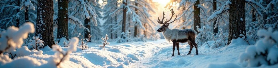 Snowy Forest Floor with Handmade Reindeer and Trees, woods, seasonal