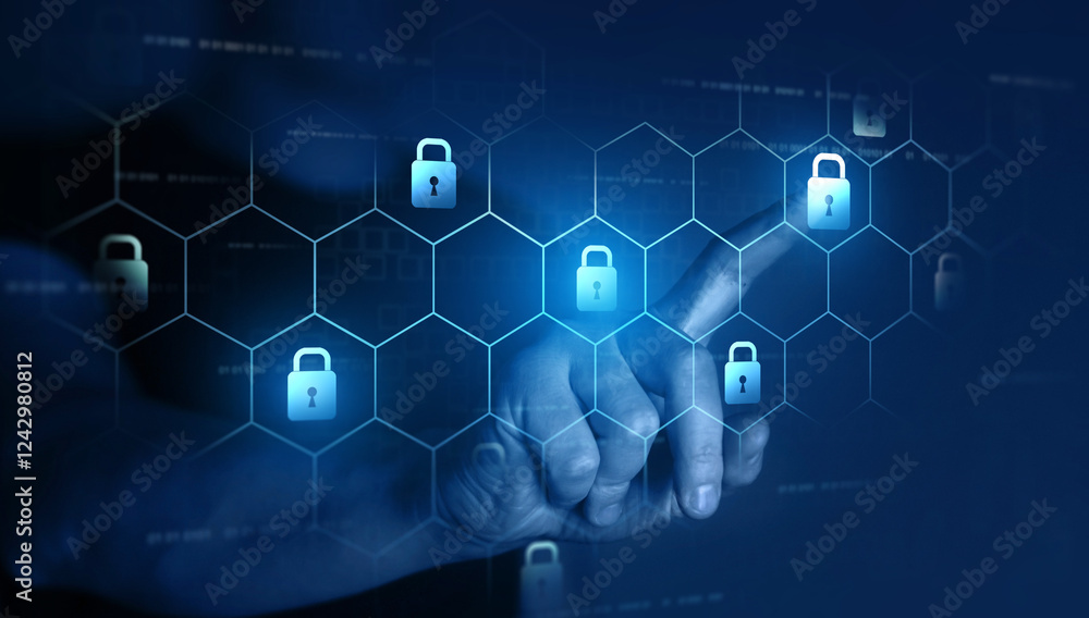 Poster cyber security firewall interface protection concept.cybernetic attack security, banking and persona