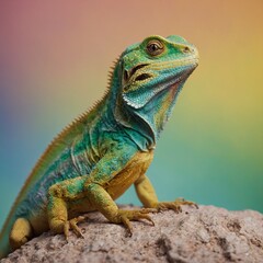 Obraz premium A gold and green lizard on a soft pastel rainbow background.