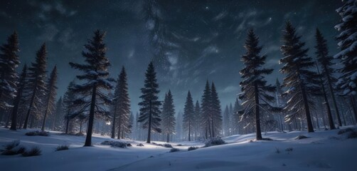 Obraz premium Snowy pine trees in winter forest under starry night, peaceful, starry night, frost-covered trees, serene