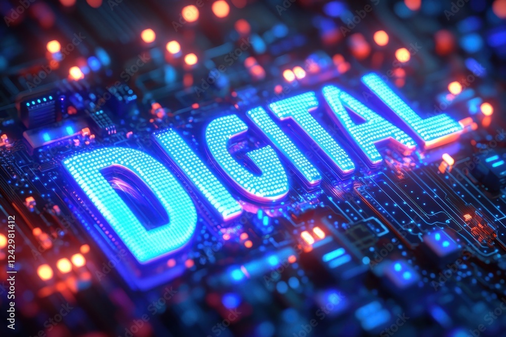Fototapete illuminated digital text on circuit board background in blue and red
