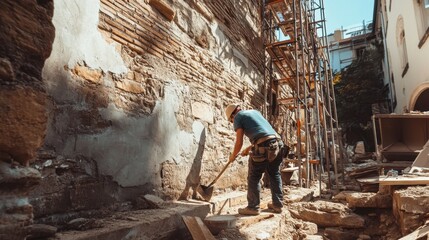 Workers engaged in restoration of historical site with ancient architecture in a dusty environment during daylight hours