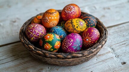 Fototapeta premium Painted Easter eggs in basket, spring table