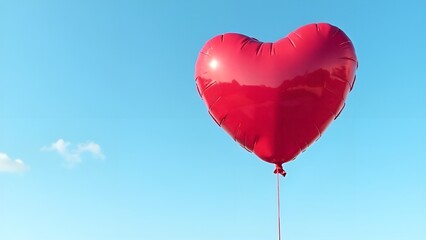 Fototapeta premium Colorful heart-shaped balloon with basket flying across the blue sky, happy Valentine's Day. love