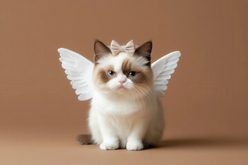 White and brown kitten wearing angel wings and a bow, sitting against a brown backdrop, staring intently at the camera.