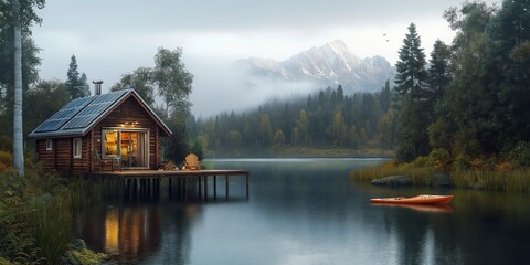 Fototapeta premium Log cabin by a tranquil lake surrounded by mountains at sunset, inviting relaxation and adventure in nature's embrace. Generative AI