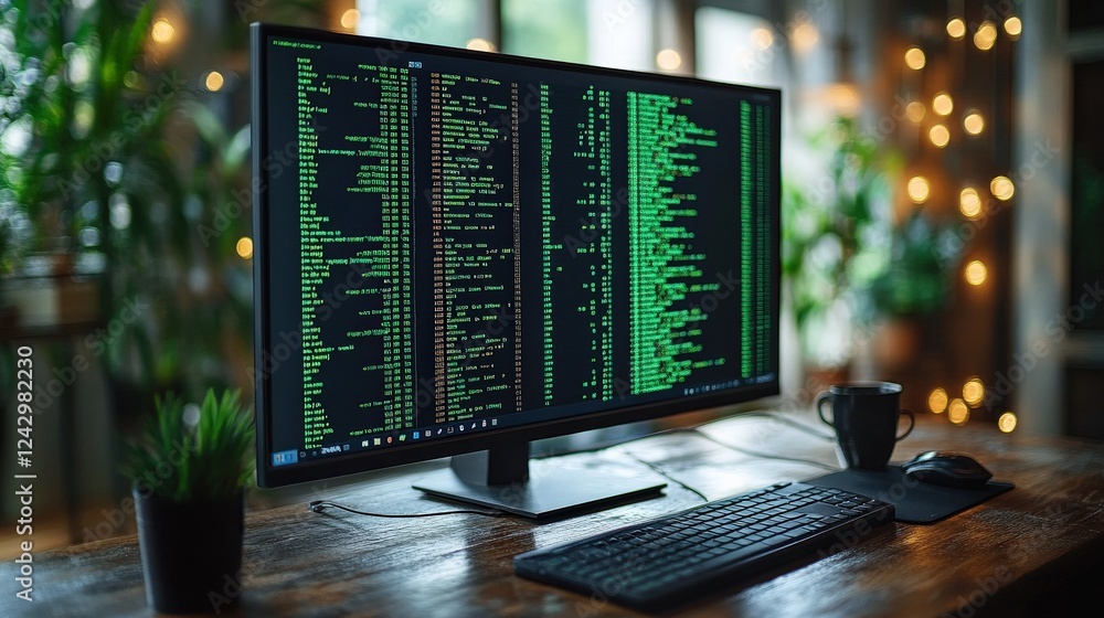 Aufkleber a modern workspace featuring a computer displaying code, with a cozy background of lights and decor