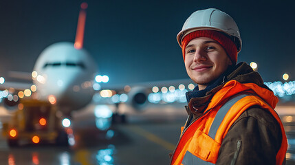 Obraz premium Portrait of a male loader in a work uniform and a helmet near a packed cargo against the background of an airplane on the runway at night