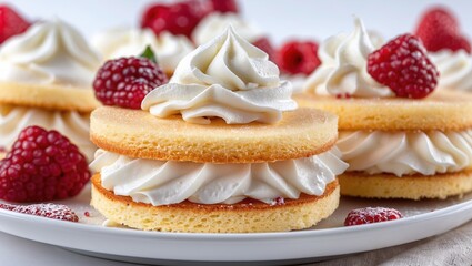 Delicious layered dessert with creamy frosting and raspberries on a white plate