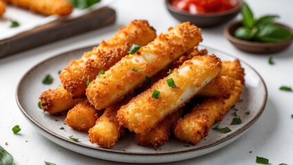Crispy cheese sticks with marinara and basil garnished on a plate