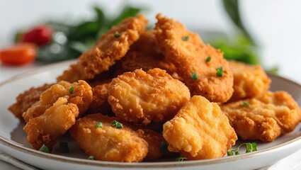 Crispy golden-brown chicken nuggets on white plate garnished with fresh herbs