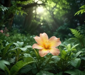 Fototapeta premium Softly glowing flower amidst lush green foliage, verdant, abstract background