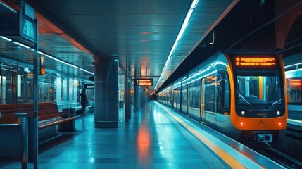 Fototapeta premium Night at the Station: A Modern Train in a Futuristic Subway