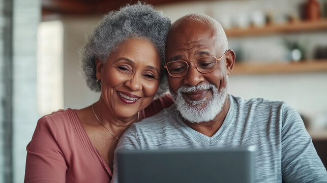 Happy couple enjoying time together while using laptop at home. Their smiles reflect joy and connection.