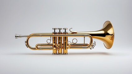 Obraz premium Shiny gold trumpet with three valves on a neutral background showcasing craftsmanship.