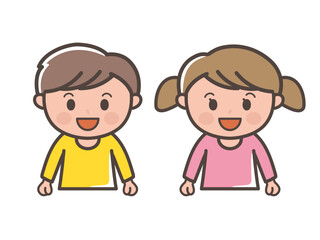 笑顔で楽しそうな男の子と女の子の上半身イラスト（小学生、幼児、子供）