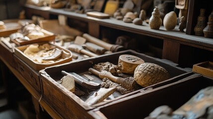 Displays of intricate wooden artifacts and tools in a dimly lit workshop highlighting traditional craftsmanship and artistry