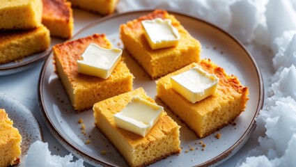 Delicious cornmeal squares with butter, perfect for winter meals.