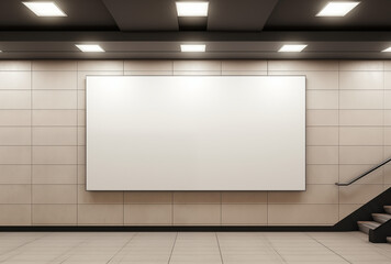 Front view of a blank white billboard in a clean subway station. Surrounded by stairs, it offers a minimalist space for advertising with soft lighting.