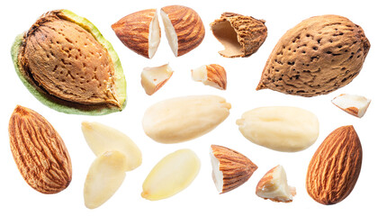 Set of different almond nuts isolated on white background. File contains clipping path.