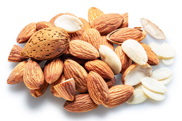 Pile of shelled almond nuts and blanched almonds isolated on white background. File contains clipping path.