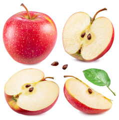Set of red apples and apple pieces isolated on white background. File contains clipping path.