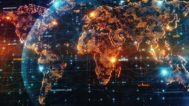 Futuristic world map showing digital data flowing across continents