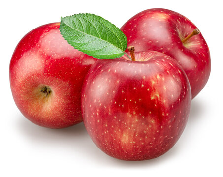 Ripe red apples with green apple leaves on white background. File contains clipping path.