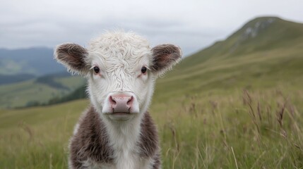 Naklejka premium Calf stares, mountain pasture, cloudy day, rural scene, stock photo