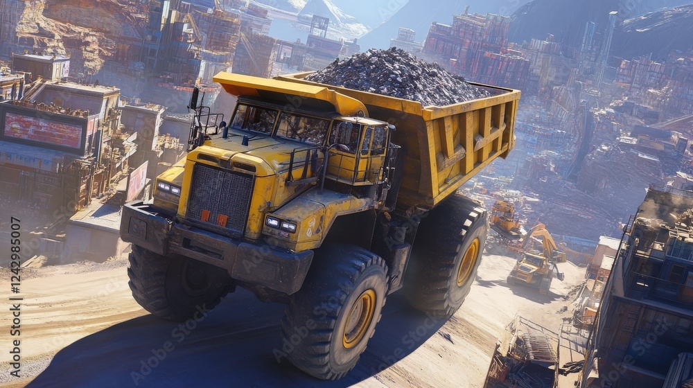 Poster large yellow dump truck transporting materials through a mining site with machinery in the backgroun