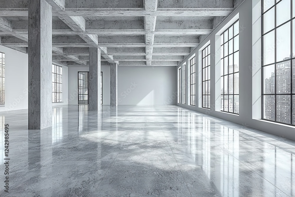 Poster a 3d rendering of an empty room with pristine white walls and a concrete floor, showcasing an abstra