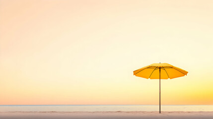Sunset serenity yellow umbrella on tranquil beach seaside photography calm atmosphere wide view relaxation concept