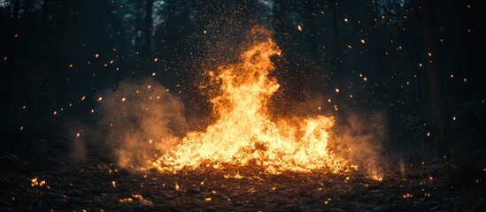 Forest fire burning fiercely at night