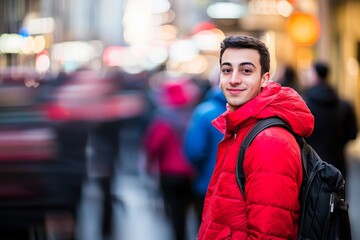 A man in red is stationary amidst a crowd of people whose fast movements cause a blur