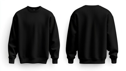 A front and back view of a black crew neck sweatshirt, with a blank template, displayed against a white background.