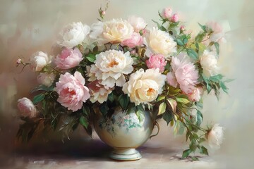 elegant floral arrangement with soft pastel roses and peonies in vintage ceramic vase, captured in natural window light