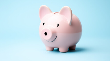 cheerful pink piggy bank on light blue background symbolizes savings and financial planning