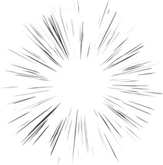 Comic speed line effect. Manga radial explosion. Anime burst. Perspective motion of rays. Superhero frame. Abstract blast scream and glow. Center of impact.