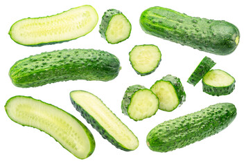 Fresh sweet small cucumbers and cucumber slices levitating in air. Cucumbers that are used to pickling or slicing. File contains clipping paths.