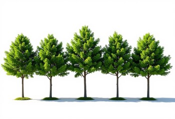 Obraz premium Six Platanus Trees in Summer: Evenly Spaced Row, Green Foliage, Tall Straight Trunks, Bright Daylight, White Background, Easy Isolation, Cutout Ready. 