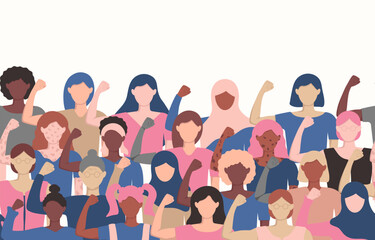 Seamless border with diversity women show strength for Accelerate Action. Pattern on white background. International Women's Equality day 8 March. Girl Power. IWD 2025 banner with copy space.