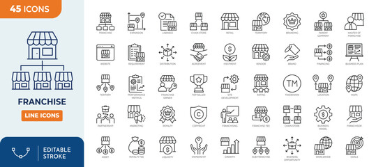 Franchise icon set. Containing franchisee, expansion, license, franchisor, royalties, chain, shop, business model and more. Outline Icon Collection. Vector illustration. Editable stroke